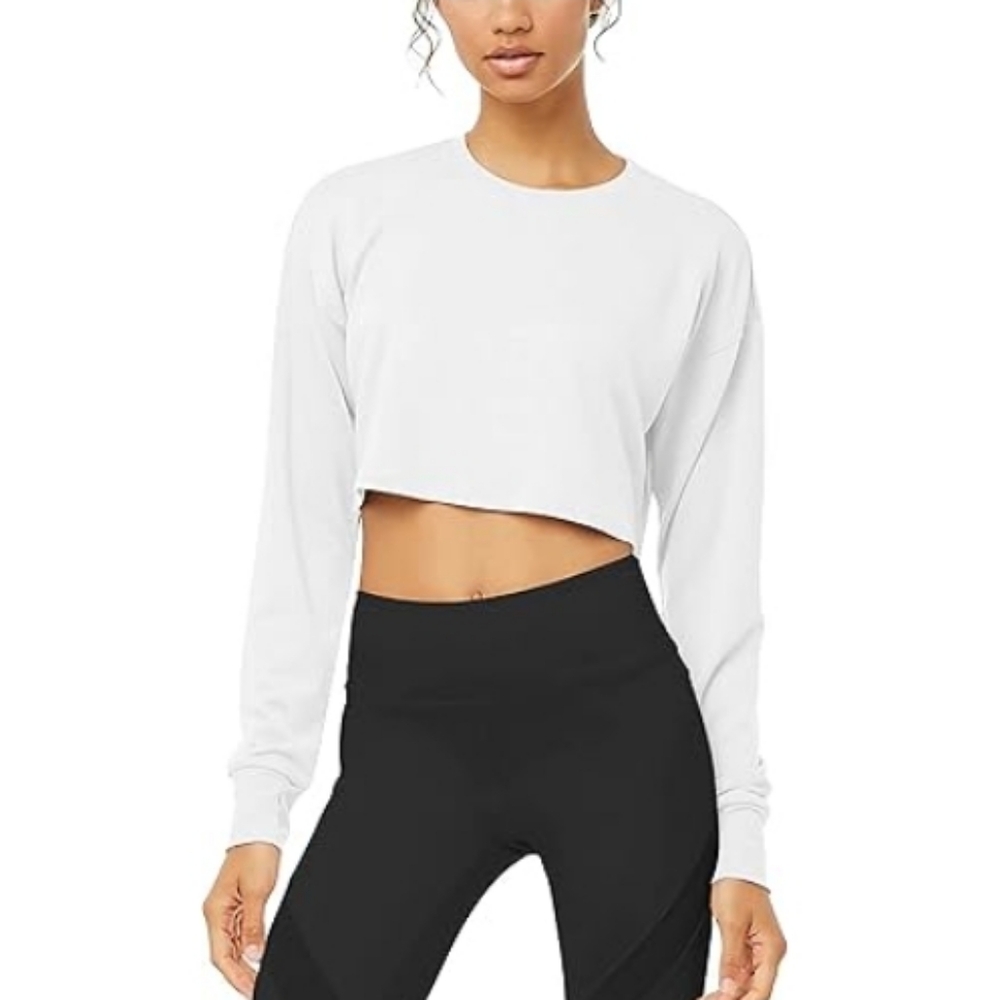 Bestisn Long Sleeve Crop Sweatshirt Top with Thumb Hole White